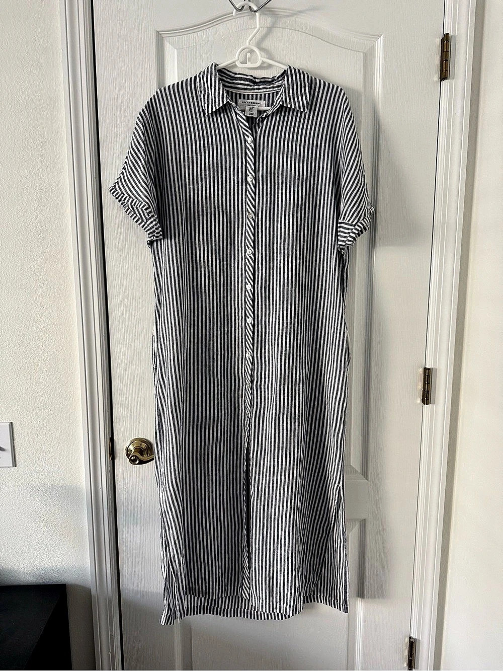Lucky Brand Linen Shirt Dress Striped Linen Midi Dress in Navy & White